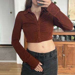 Beige Botany Slinky Brown Ruched Button Up